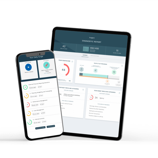 Surgent Exam prep courses on a tablet and iphone
