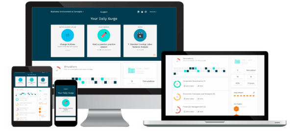 Surgent exam review on various devices including laptop, tablet, phone